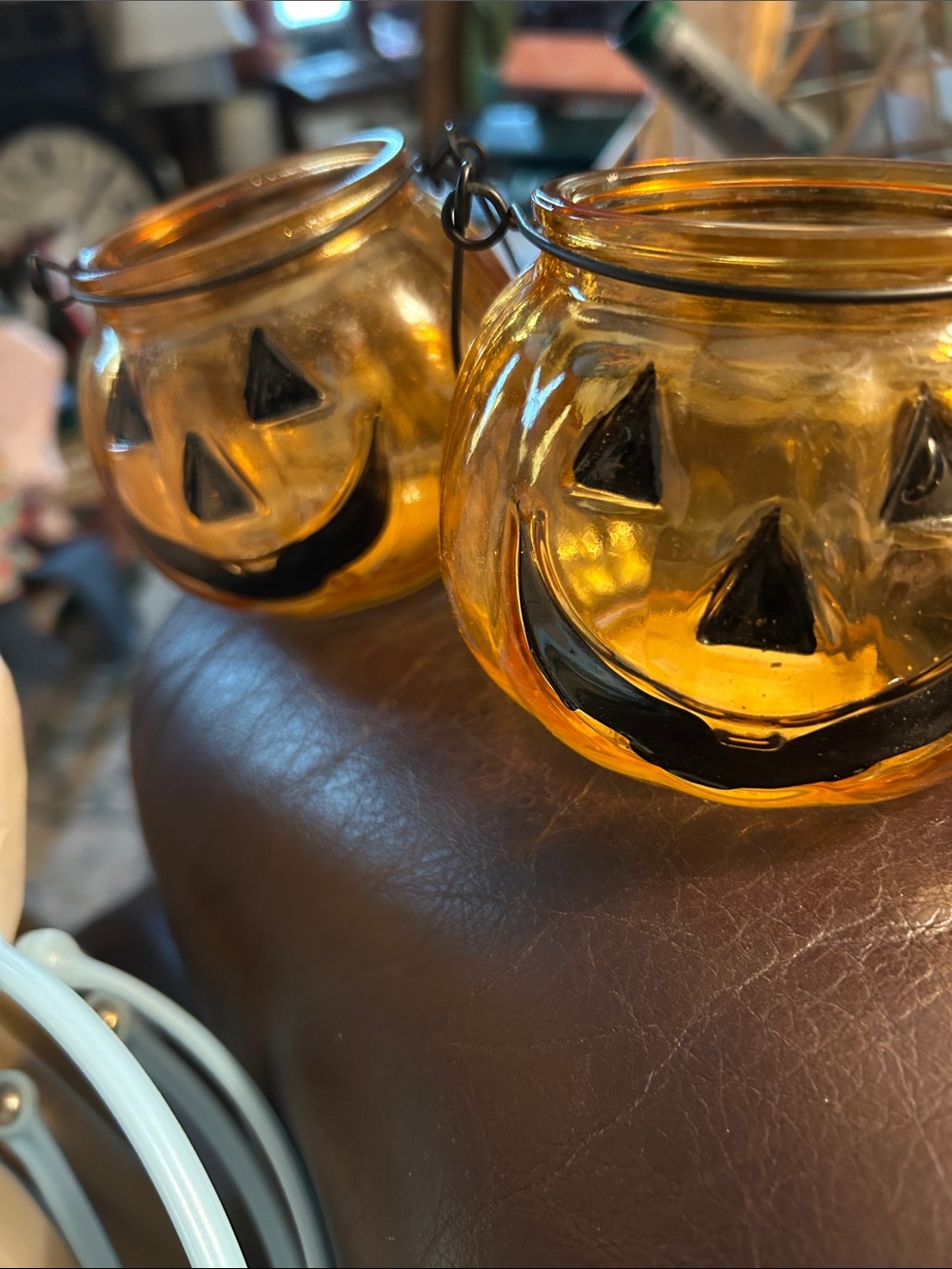 Two Vintage Amber glass  Jack-O'-Lantern Tea Light Candle Holders - EUC